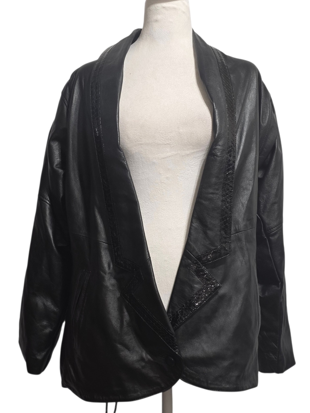 VTG Kanar Black Leather Blazer Snakeskin Trim Oversized 80s 90s Statement Coat